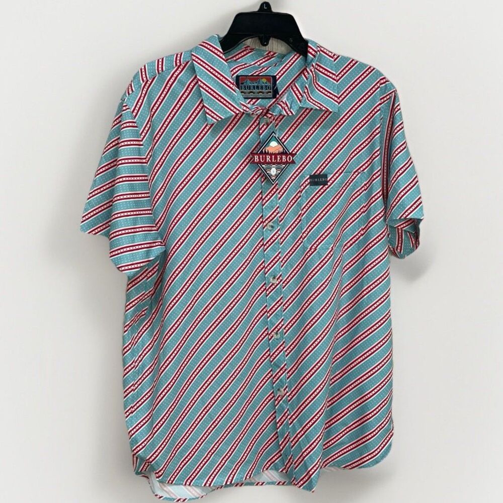 Burlebo Shirt Men's Sz XXL Performance Teal Red Striped Short Sleeve Button Up